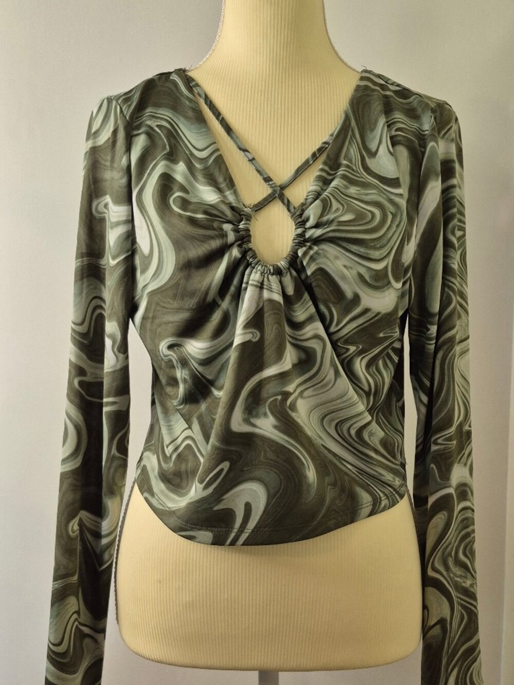 Y2K Style Green Marble Swirl Print Psychedelic Sheer Mesh Top Indie Sleaze Fairy